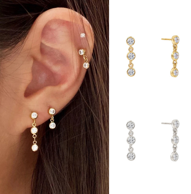Trio Bezel Drop Earrings - 925 Sterling Silver