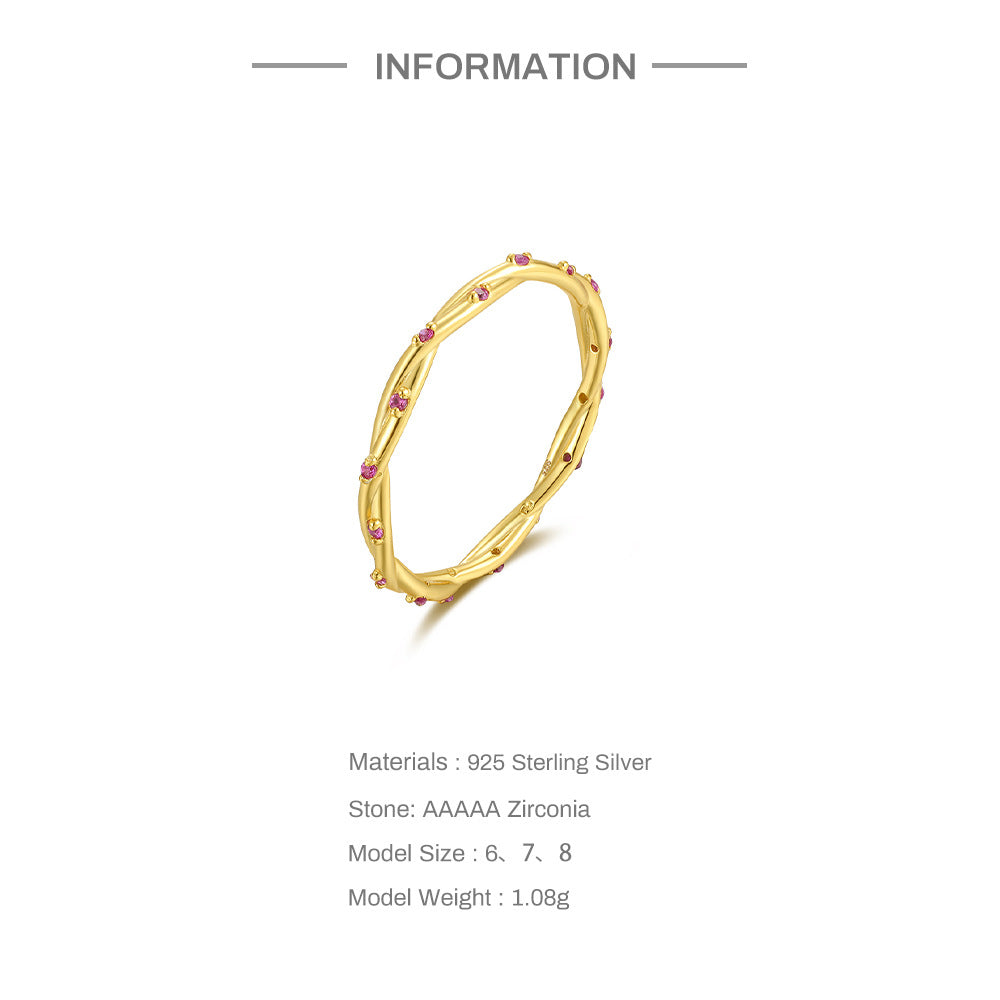 Twisted Vine Pink Stone Ring – 925 Sterling Silver, Gold Plated