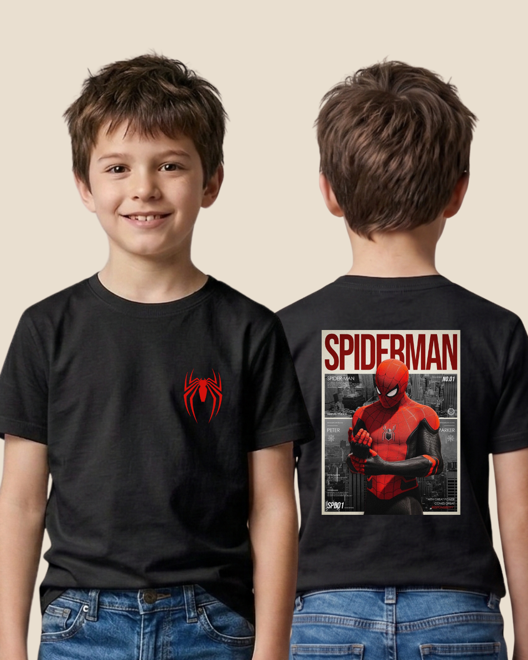 Spiderman t-shirt Kids Sizes - front and back