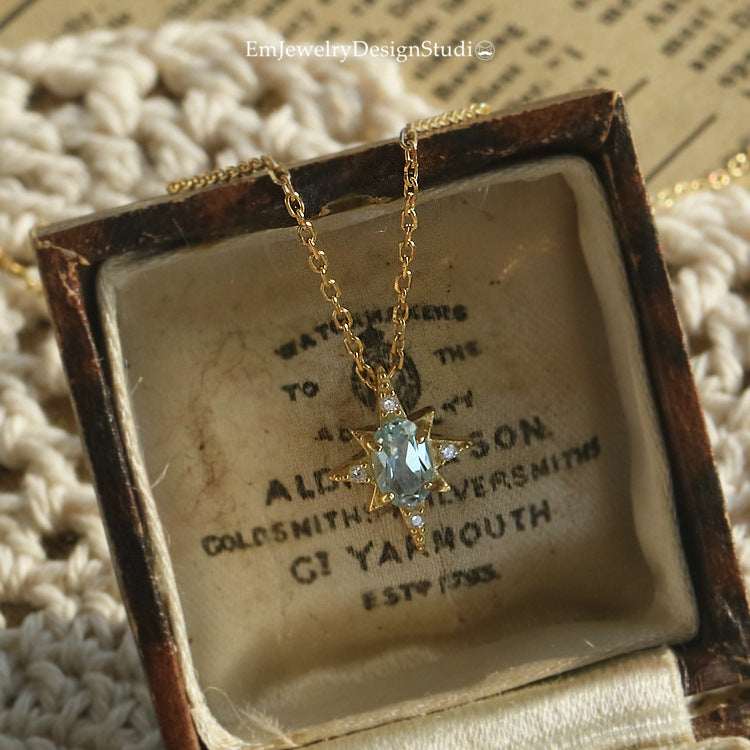 Blue Topaz Starburst Pendant Necklace - Gold Plated 925 Sterling Silver
