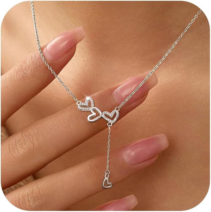 Interlocking Heart Lariat Necklace - 925 Sterling Silver