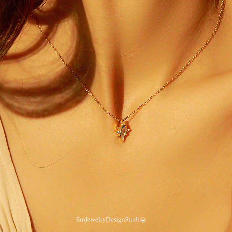Blue Topaz Starburst Pendant Necklace - Gold Plated 925 Sterling Silver