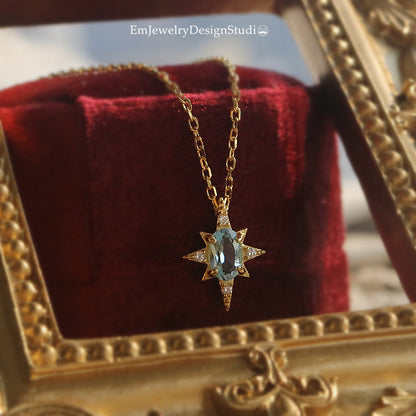Blue Topaz Starburst Pendant Necklace - Gold Plated 925 Sterling Silver