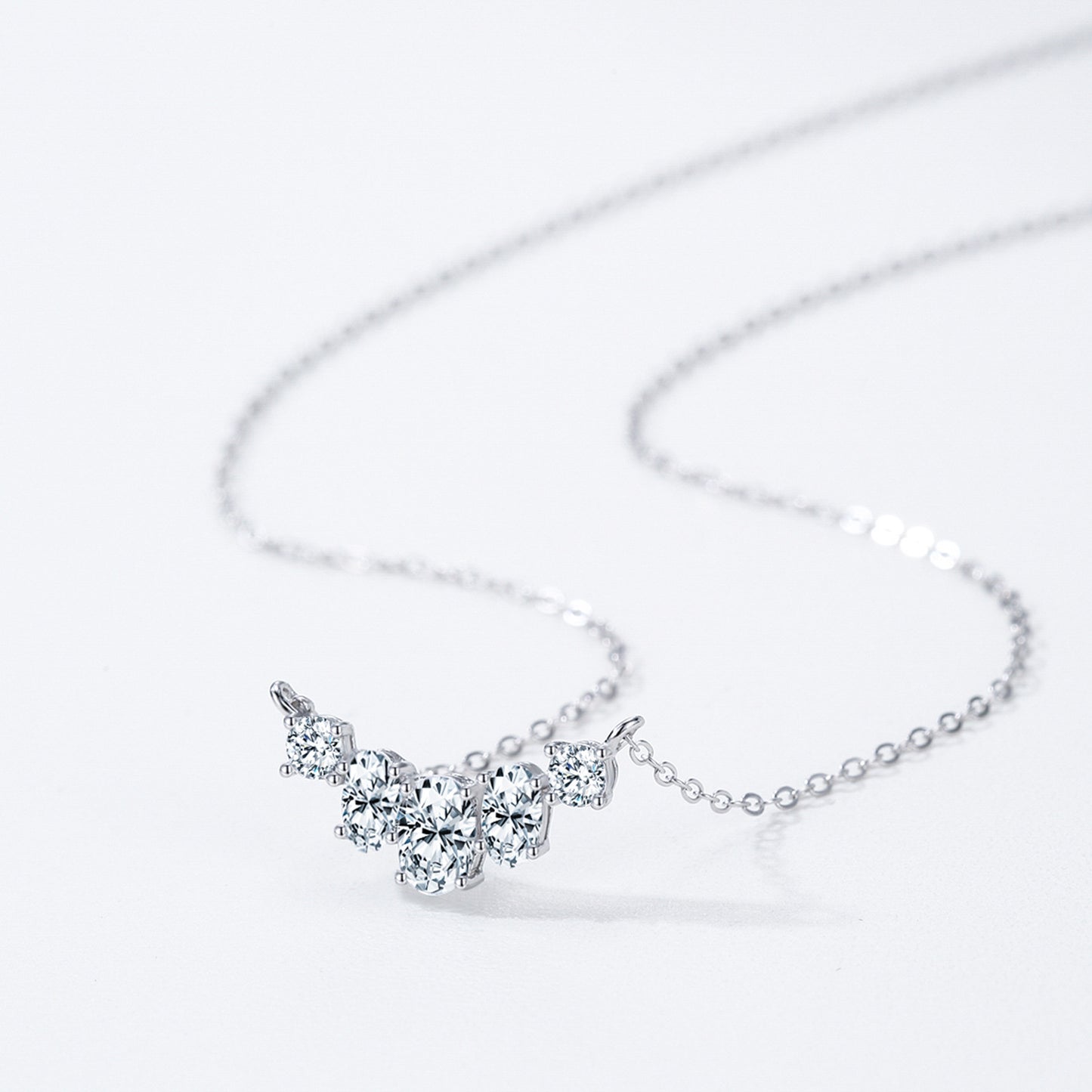 Sparkling Curved Cluster Necklace - 925 Sterling Silver