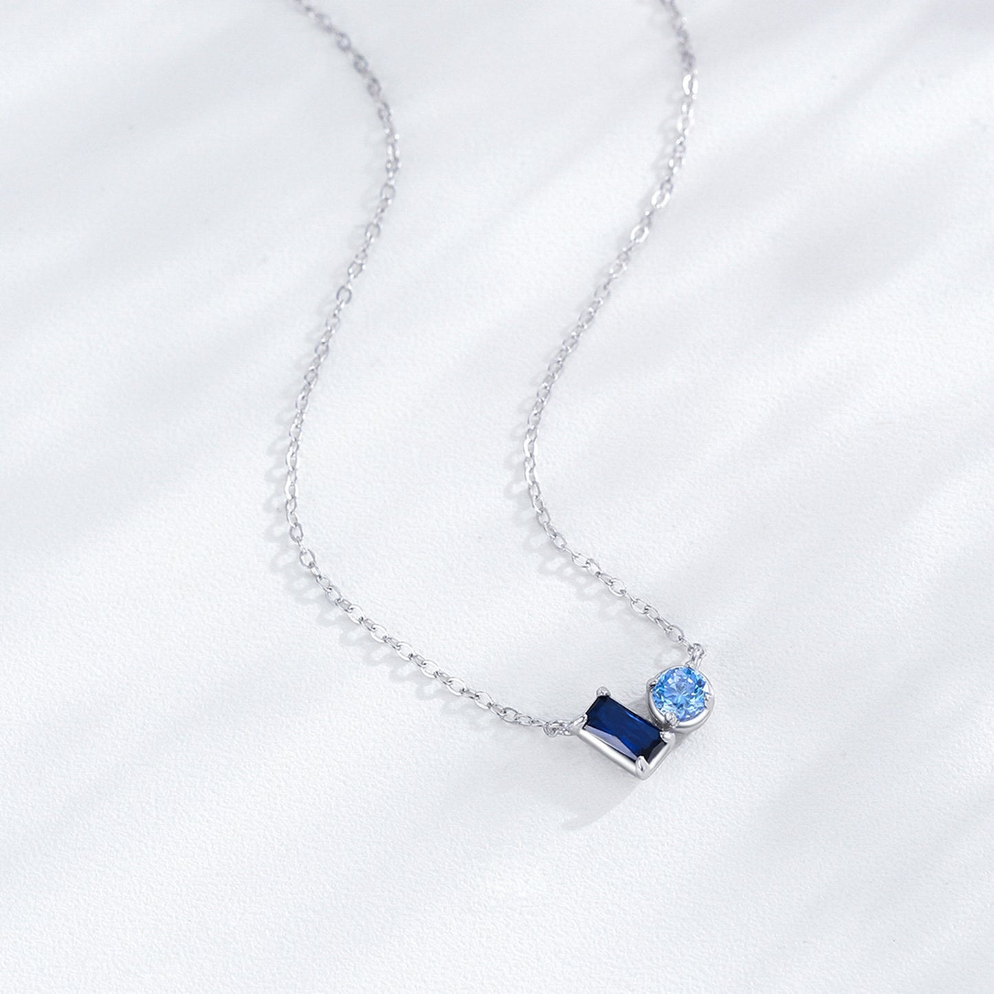 Blue Baguette & Round Duo Necklace - 925 Sterling Silver