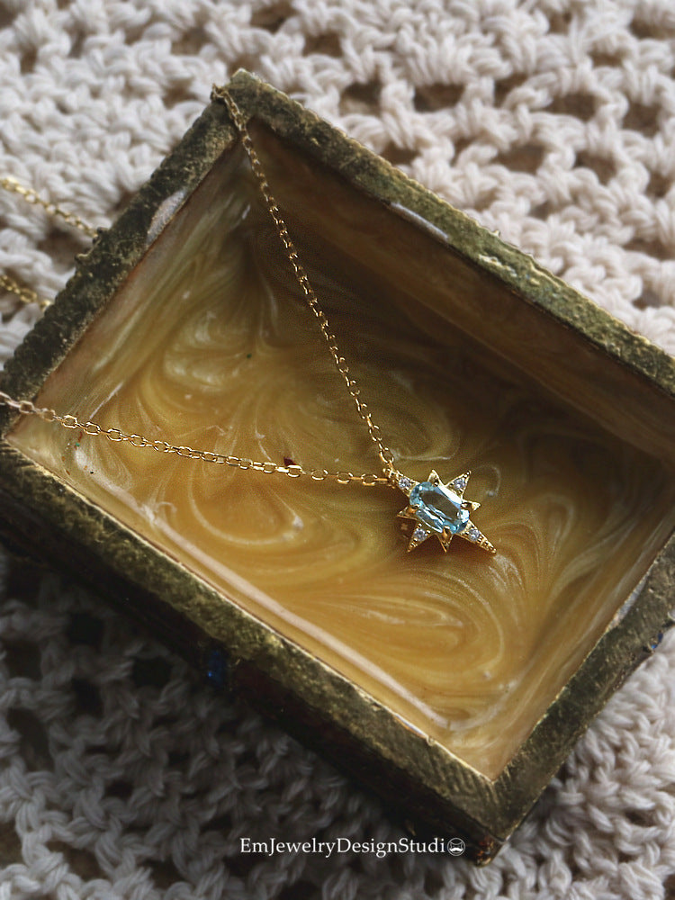 Blue Topaz Starburst Pendant Necklace - Gold Plated 925 Sterling Silver