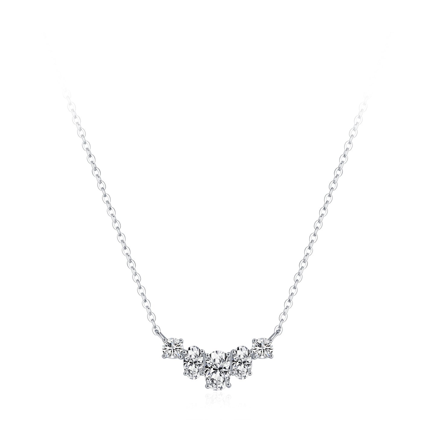 Sparkling Curved Cluster Necklace - 925 Sterling Silver