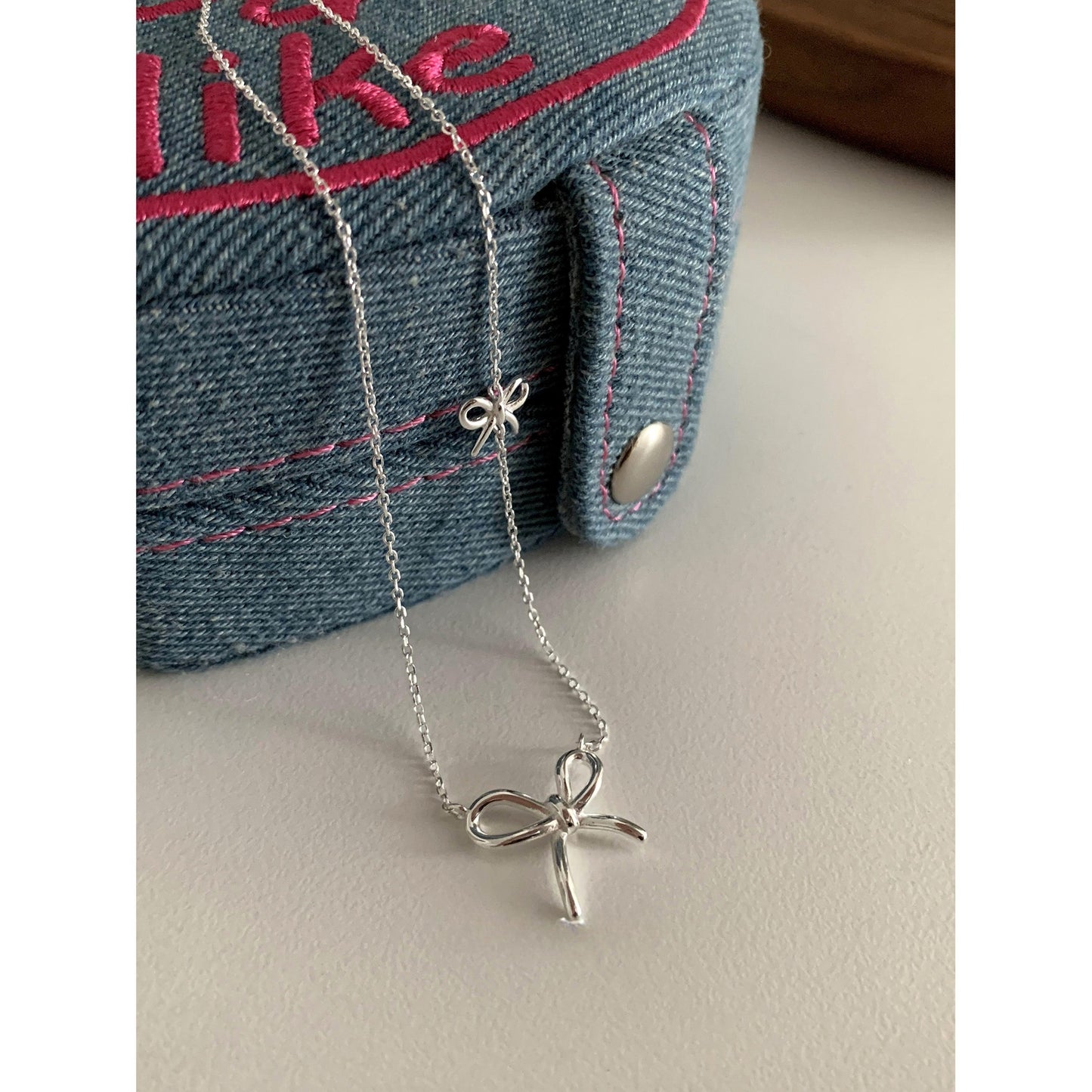 Double Bow Charm Necklace - 925 Sterling Silver