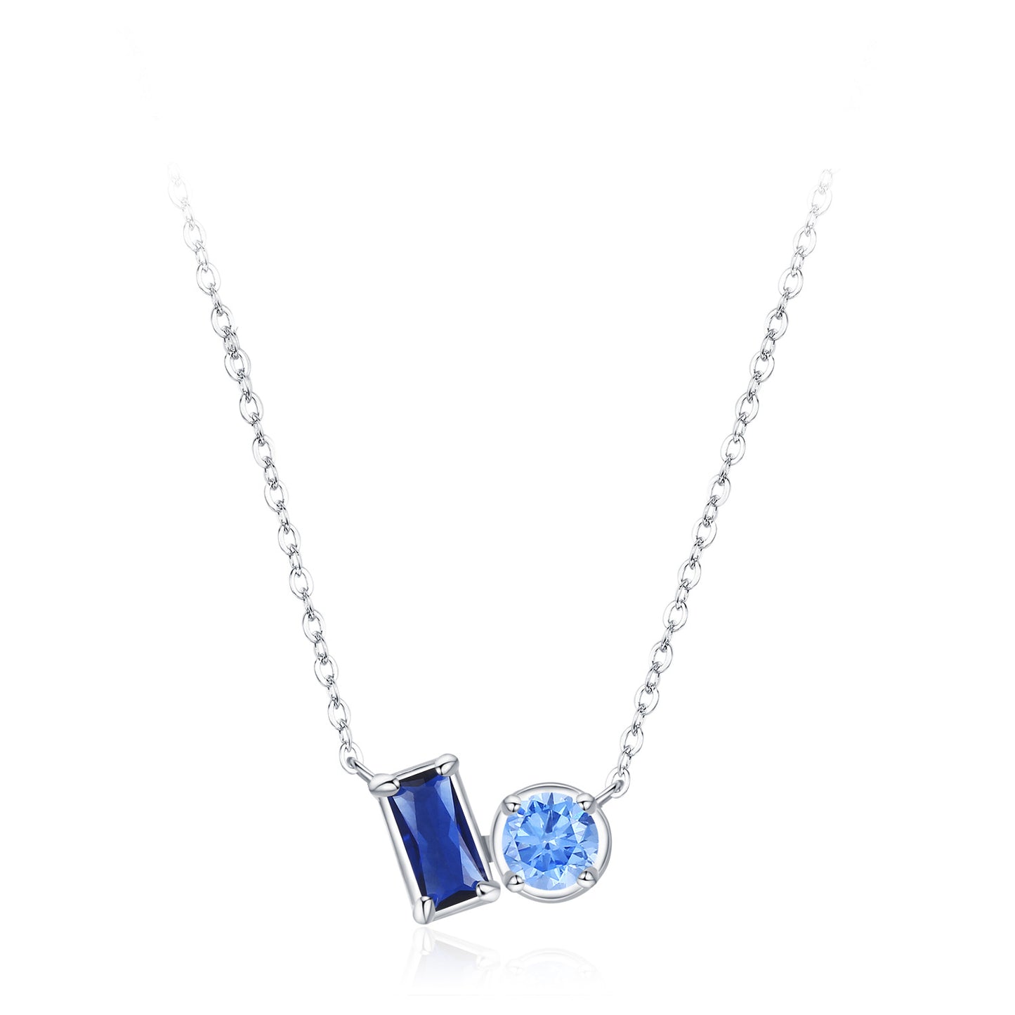 Blue Baguette & Round Duo Necklace - 925 Sterling Silver