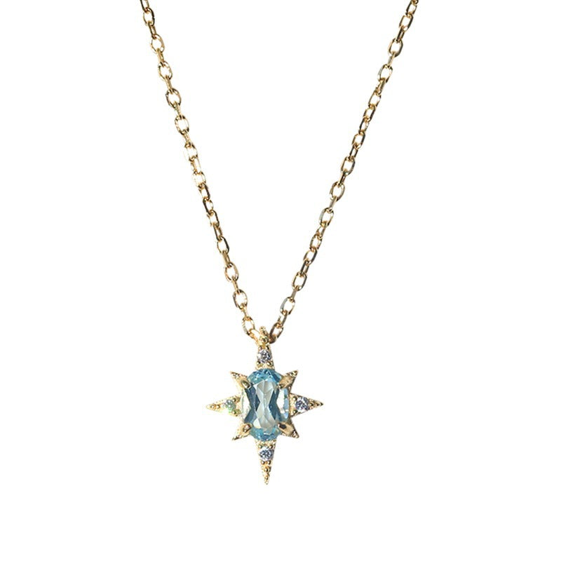 Blue Topaz Starburst Pendant Necklace - Gold Plated 925 Sterling Silver
