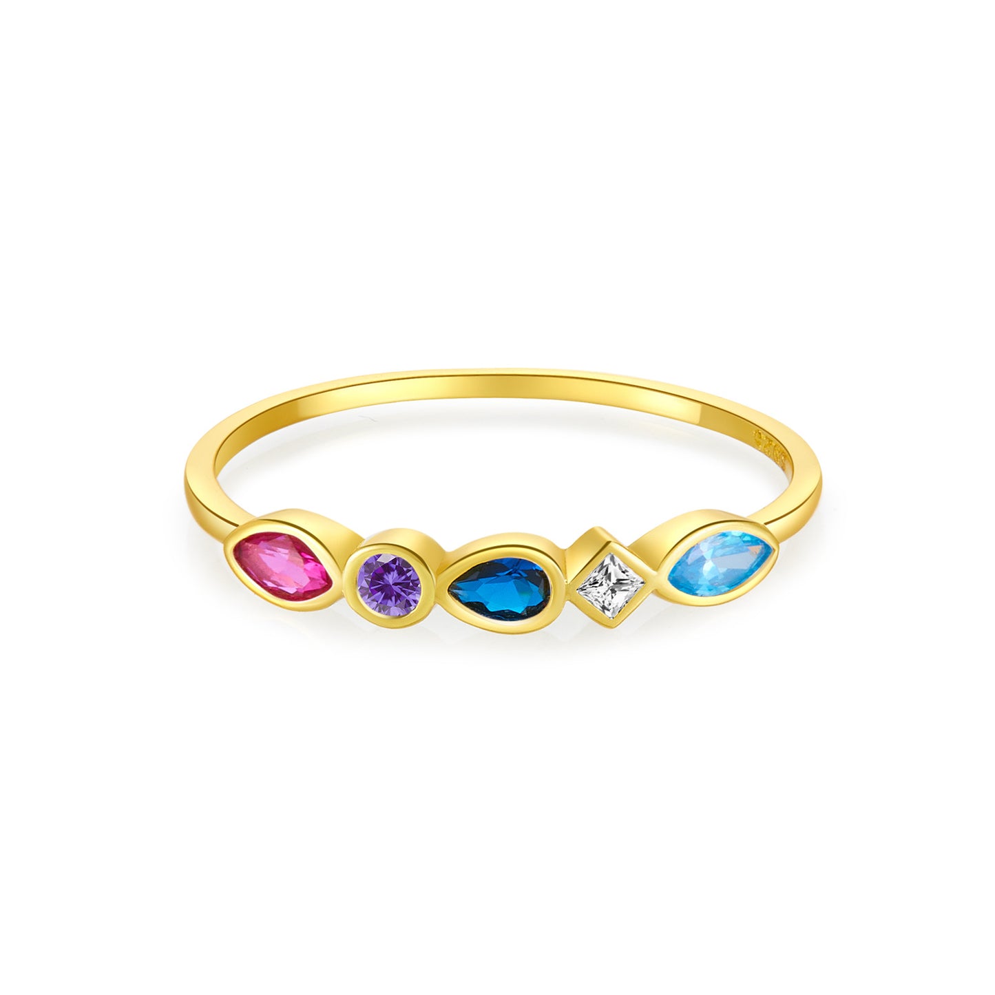 Multicolor Mixed-Cut Bezel Ring - Gold Plated 925 Sterling Silver