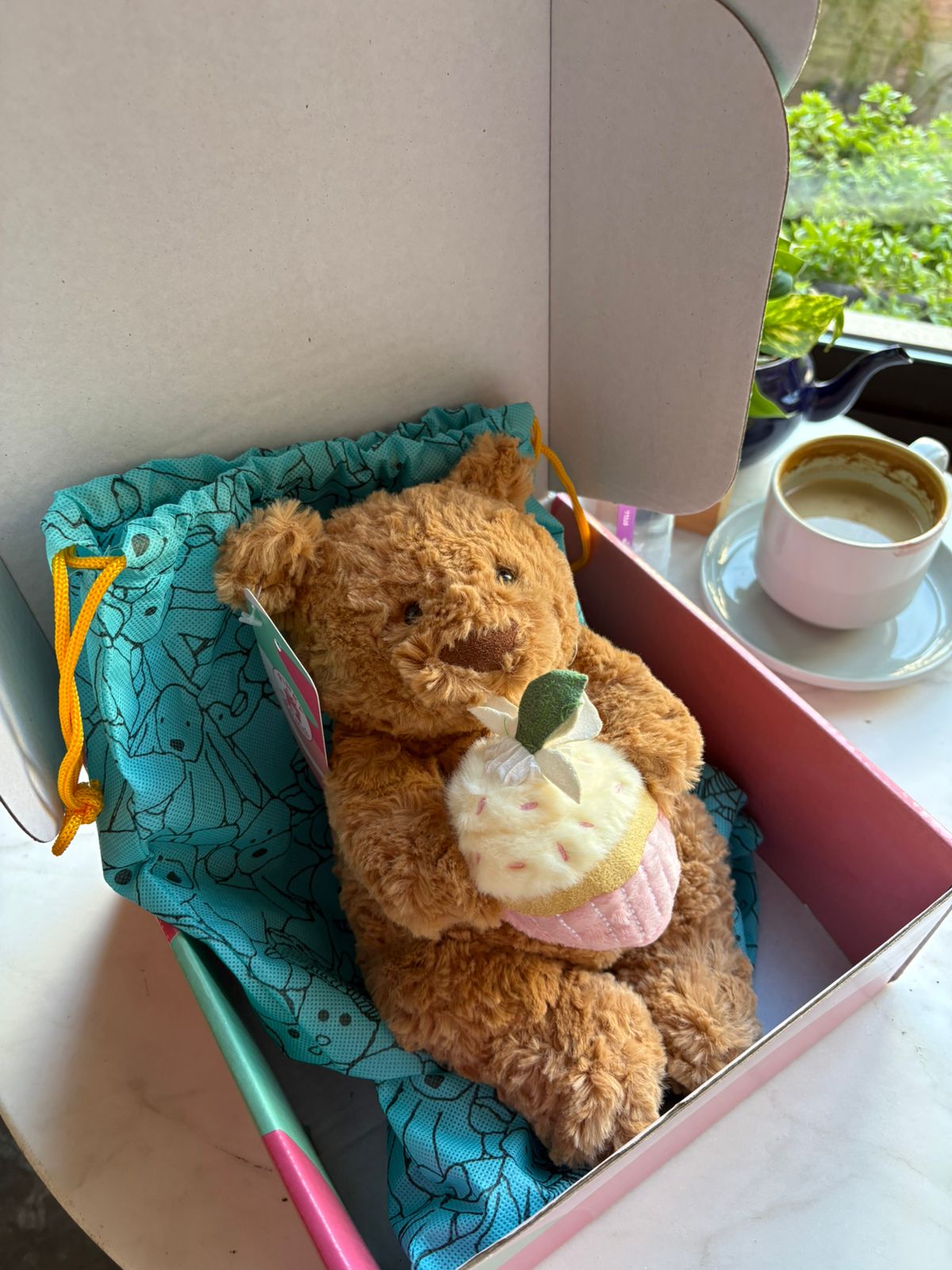 Sweetheart Brown Teddy Bear Plush with Pink Cupcake - 26 cm