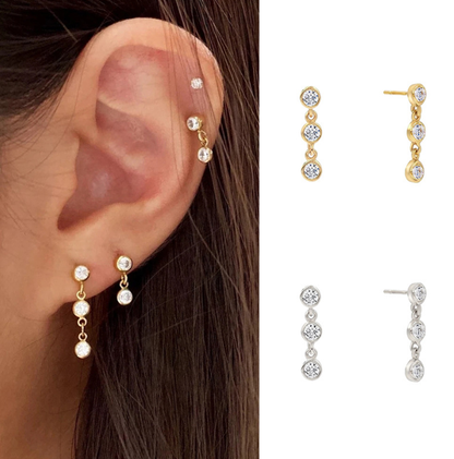 Trio Bezel Drop Earrings - 925 Sterling Silver