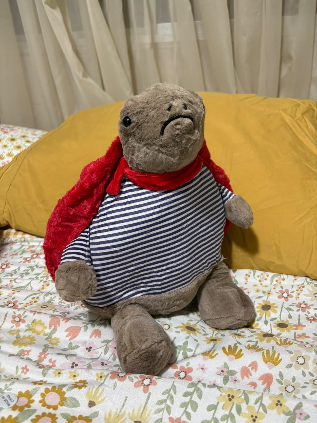 Grumpy Superhero Turtle Plush Toy – Striped Shirt & Red Cape
 - 30 cm