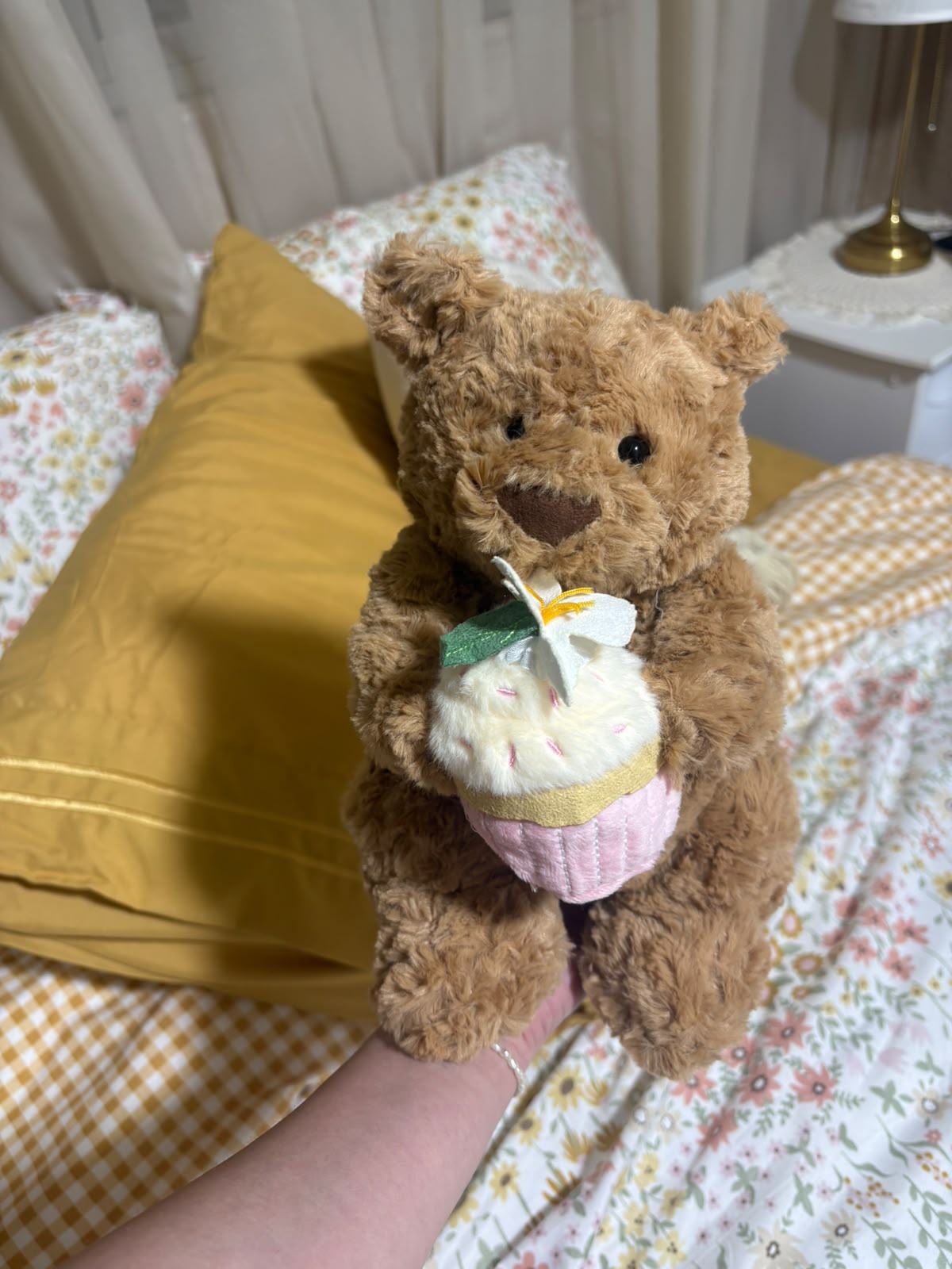 Sweetheart Brown Teddy Bear Plush with Pink Cupcake - 26 cm