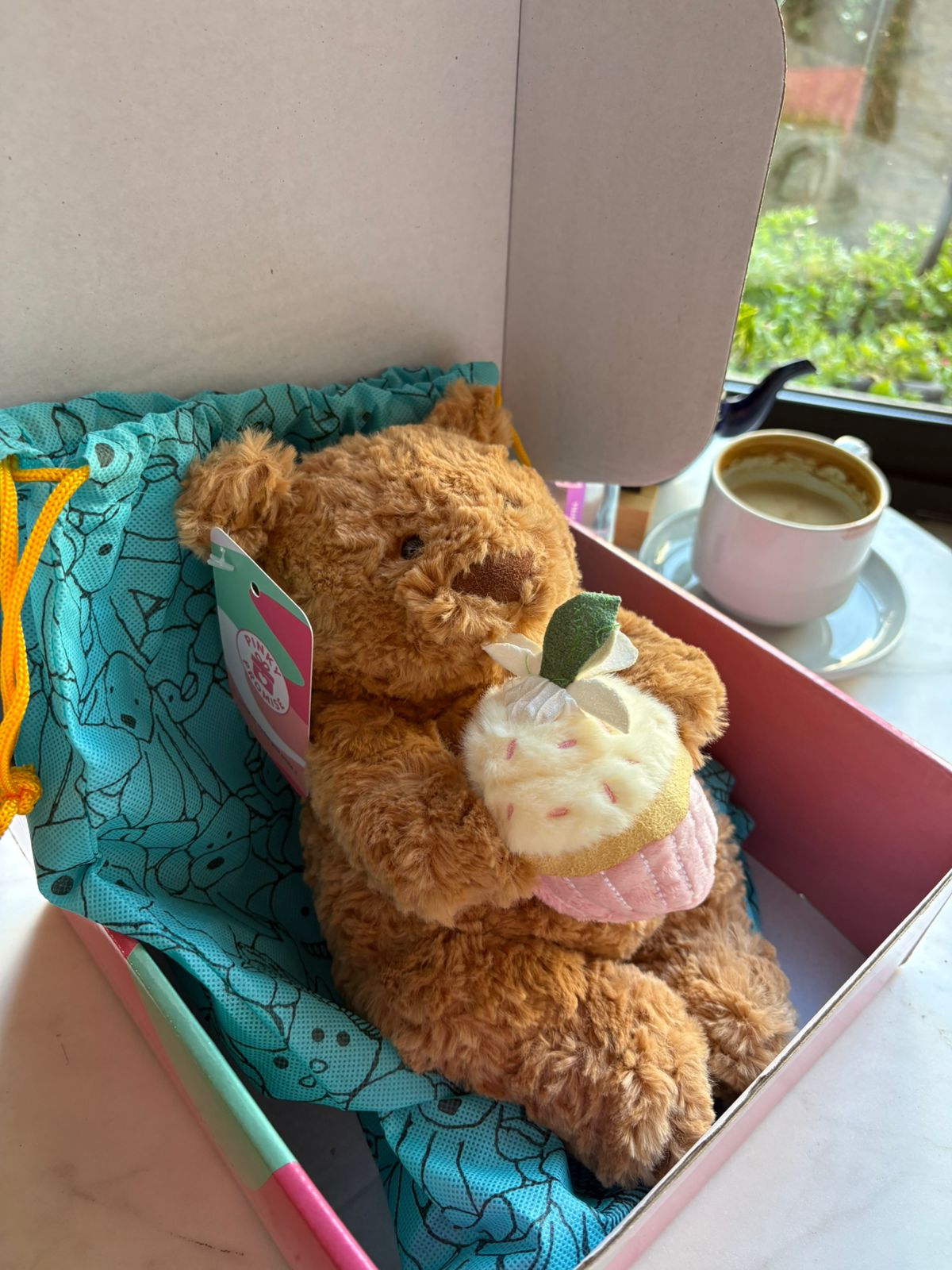 Sweetheart Brown Teddy Bear Plush with Pink Cupcake - 26 cm