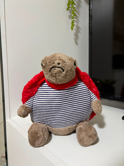 Grumpy Superhero Turtle Plush Toy – Striped Shirt & Red Cape
 - 30 cm