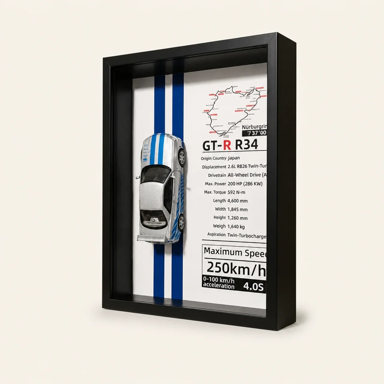 JDM Legend: Nissan Skyline GT-R R34 Framed Diecast Art – Nürburgring Edition – 32cm x 23cm