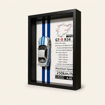 JDM Legend: Nissan Skyline GT-R R34 Framed Diecast Art – Nürburgring Edition – 32cm x 23cm