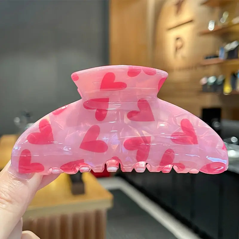 Sweetheart Pink Heart Hair Claw Clip – Romantic Marbled Acrylic Hair Accessory