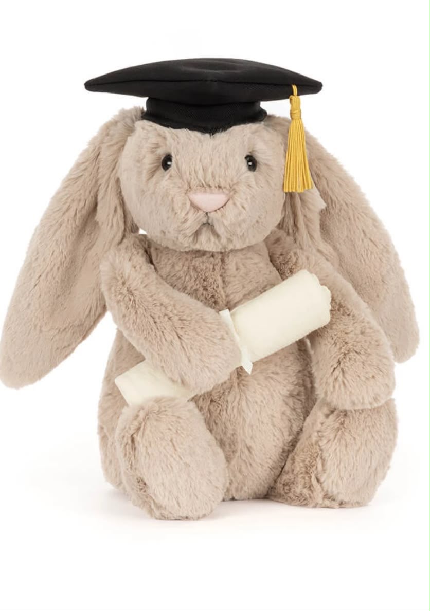 A 30 cm cute plush graduation bunny holding a degree and wearing a mortarboard cap.01