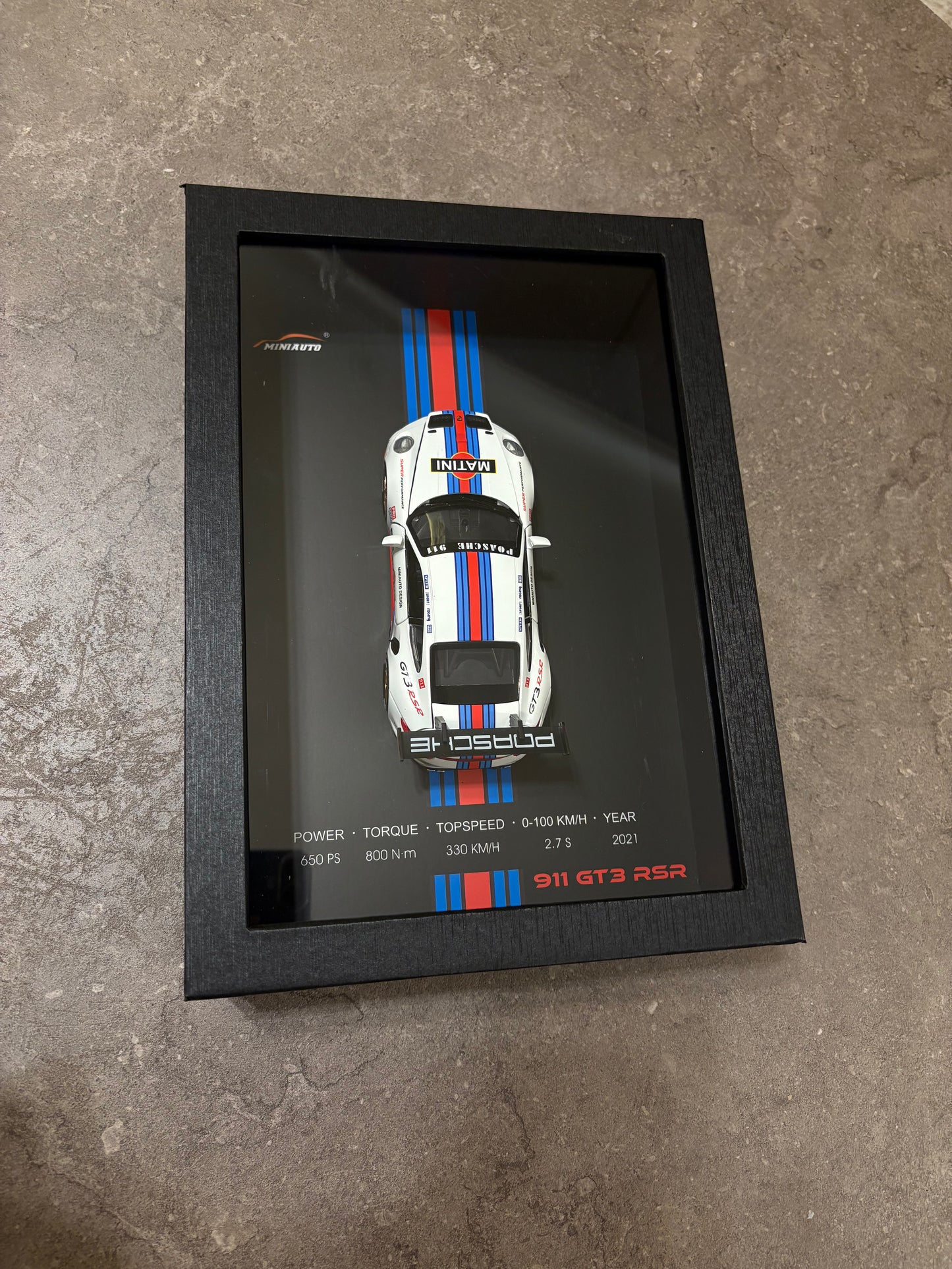 3D Car Frame Wall Art - Porsche 911 GT3 RSR with Specs – 32cm x 23cm