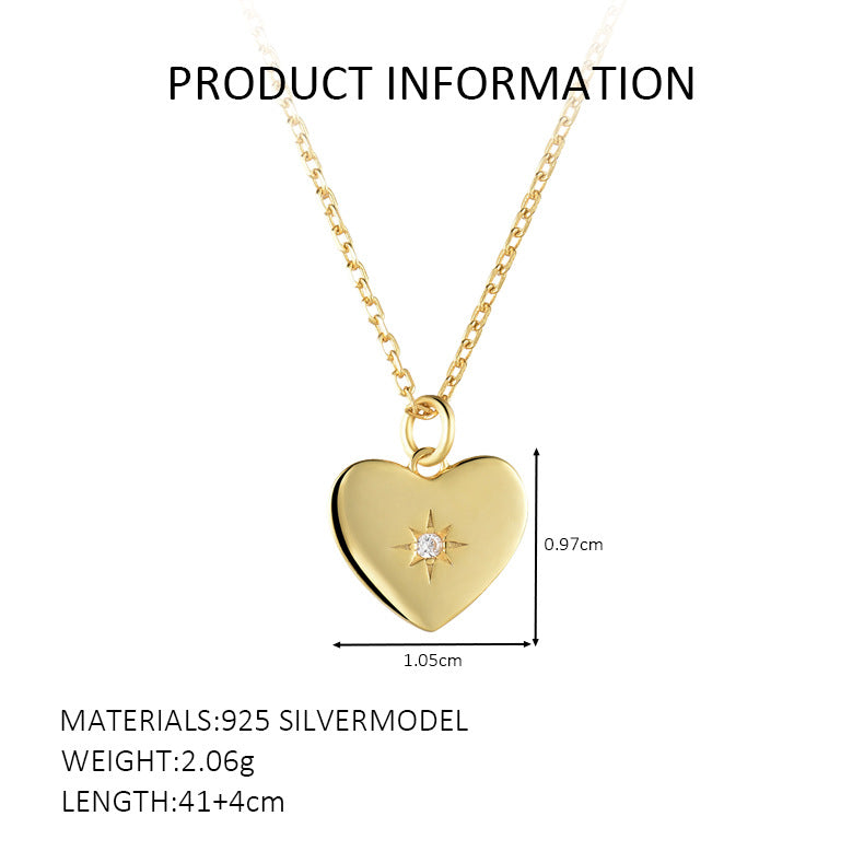 Polished Heart Star Pendant Necklace - Gold Plated 925 Sterling Silver