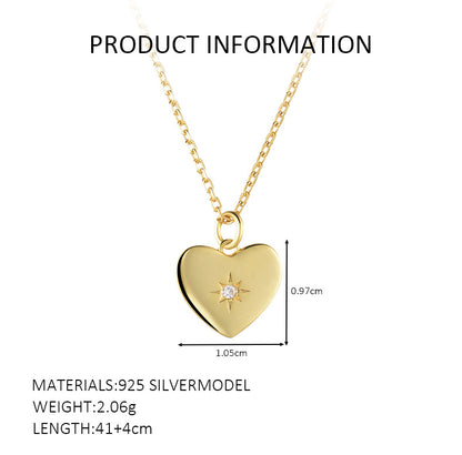 Polished Heart Star Pendant Necklace - Gold Plated 925 Sterling Silver
