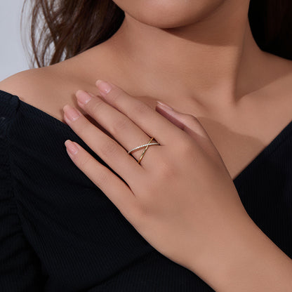 Crisscross Pavé X Ring – 925 Sterling Silver, Gold Plated