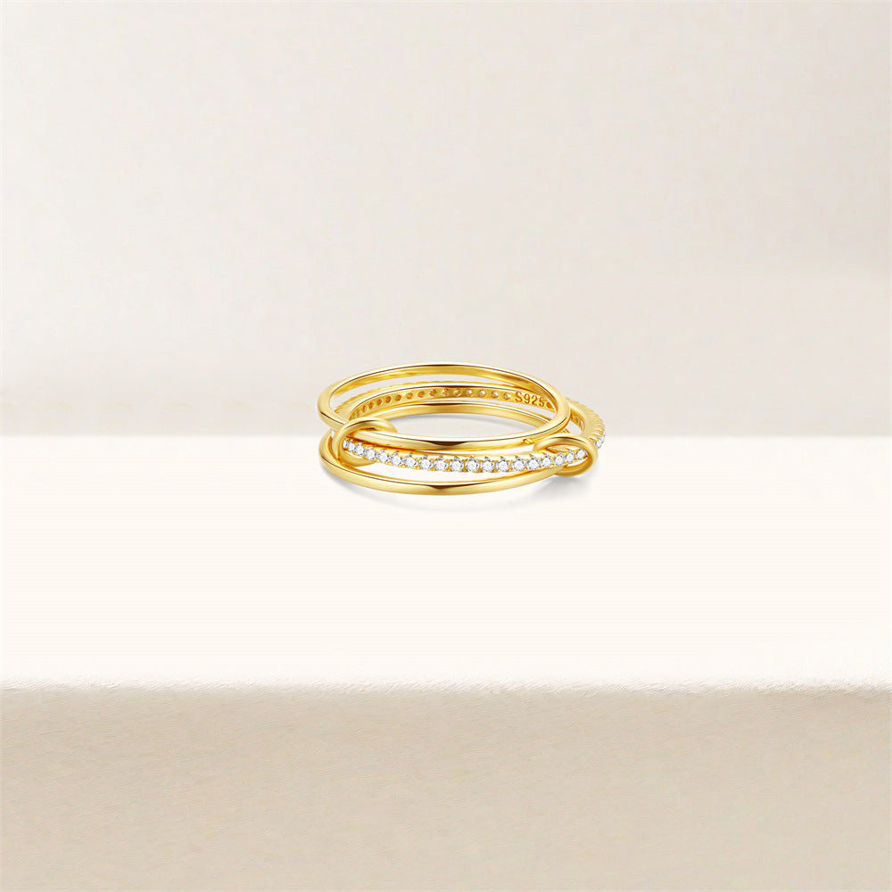 Triple Band Pavé Ring – 925 Sterling Silver, Gold Plated