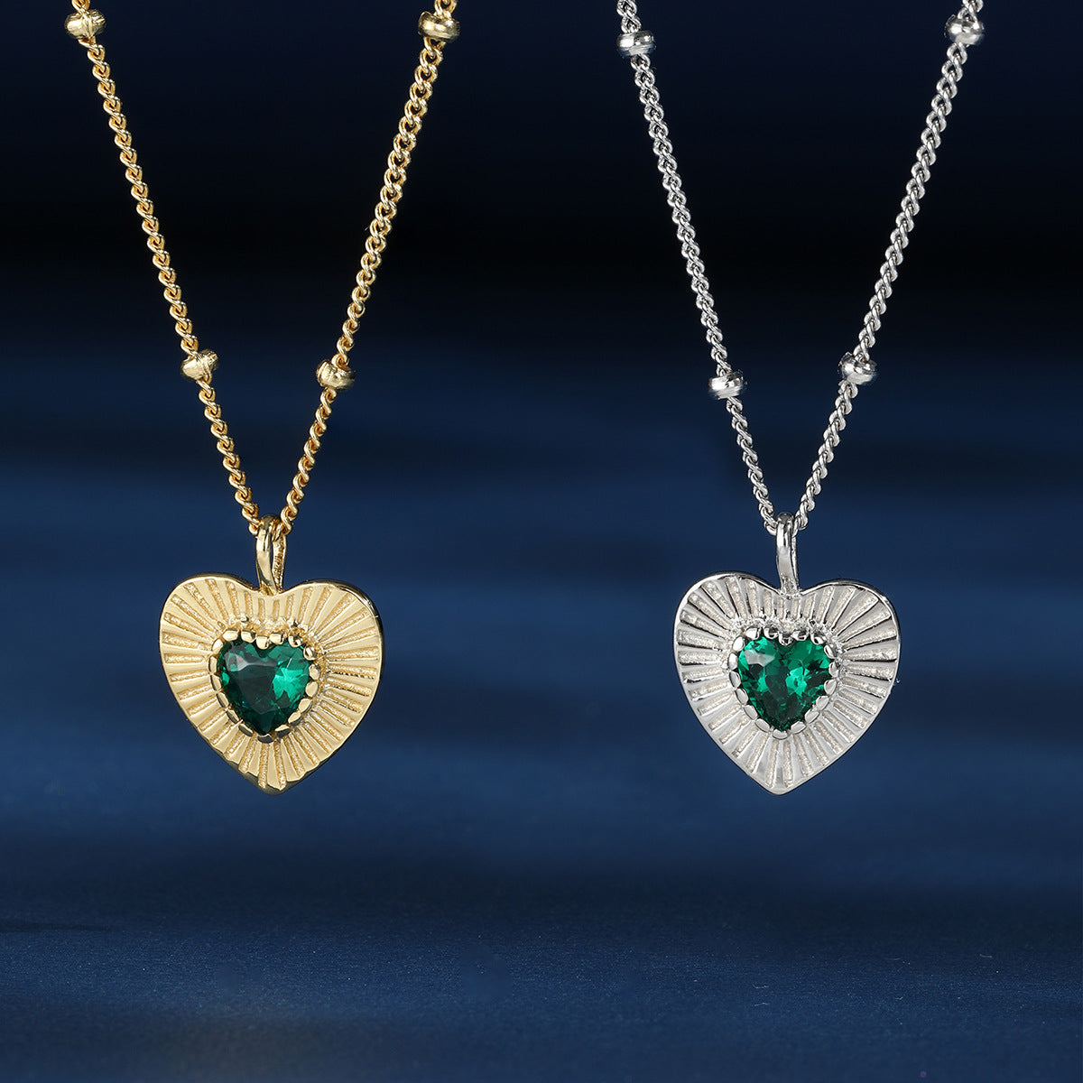 Sunburst Emerald Heart Pendant Necklace - Gold Plated 925 Sterling Silver