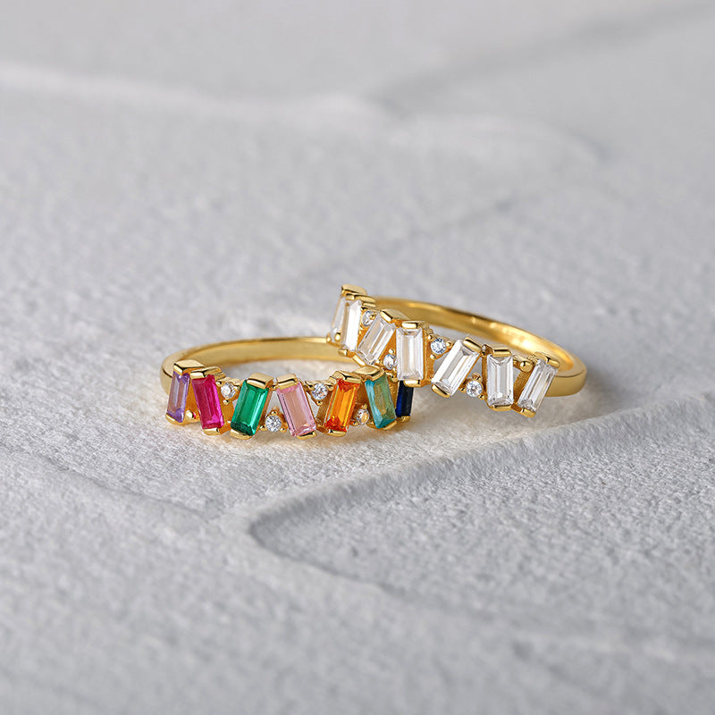 Rainbow Baguette Zigzag Ring - Gold Plated 925 Sterling Silver
