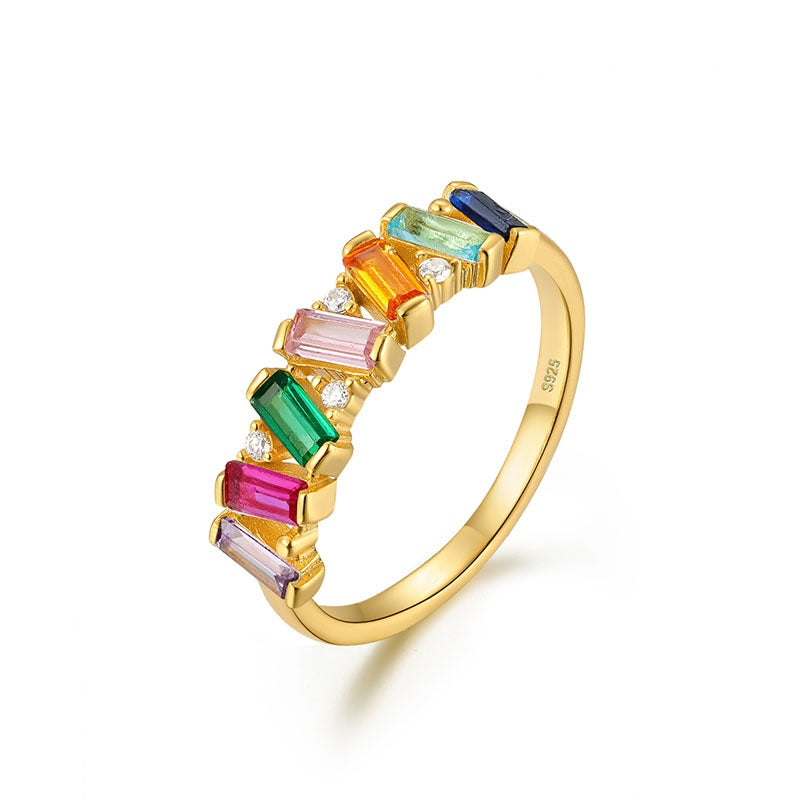 Rainbow Baguette Zigzag Ring - Gold Plated 925 Sterling Silver