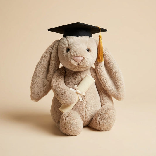 A 30 cm cute plush graduation bunny holding a degree and wearing a mortarboard cap.09