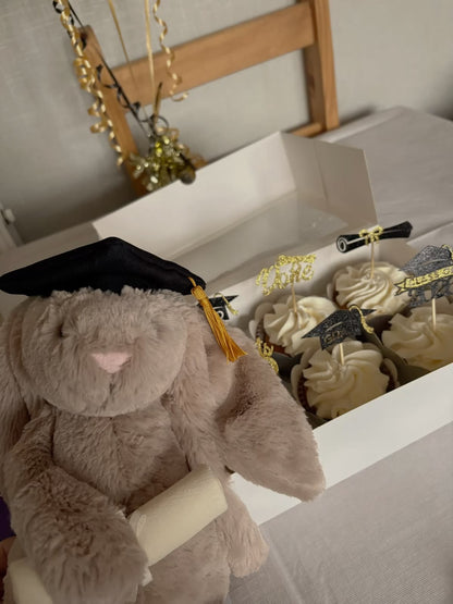 A 30 cm cute plush graduation bunny holding a degree and wearing a mortarboard cap