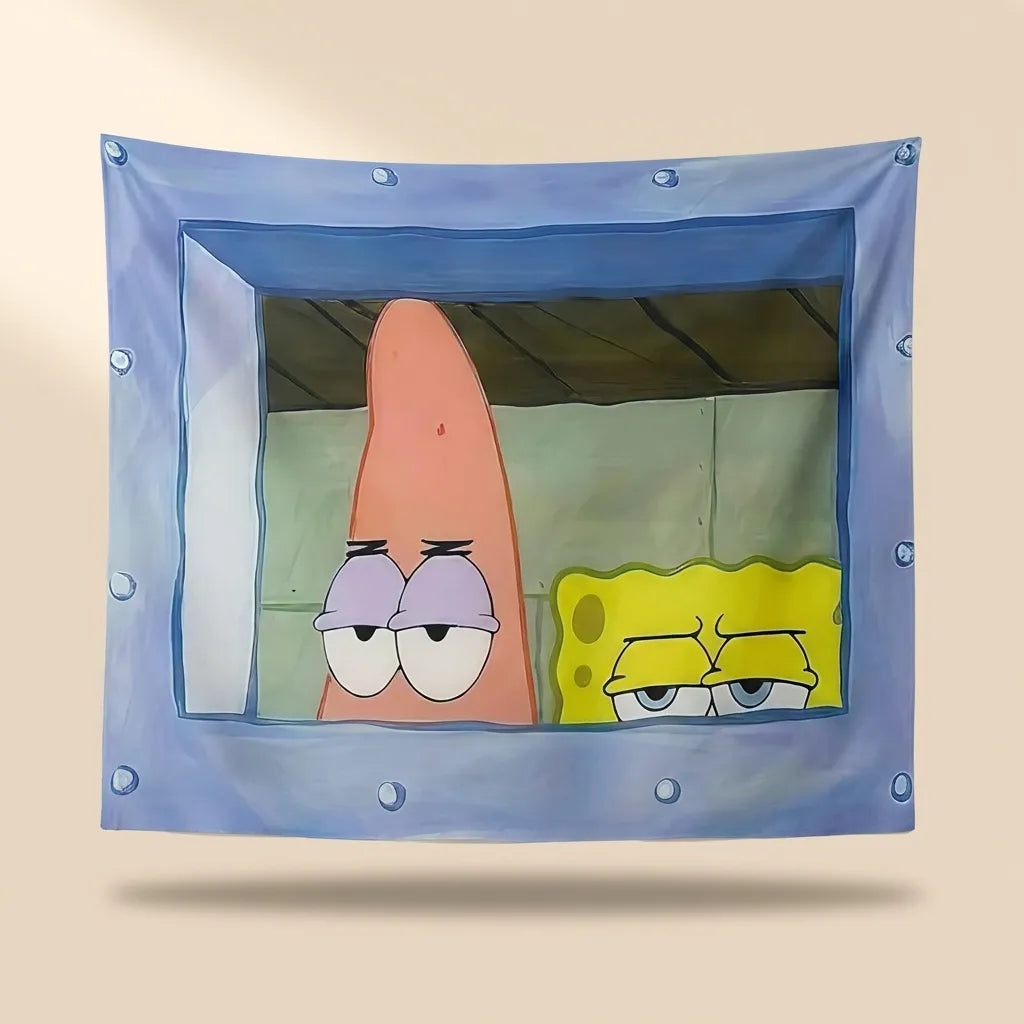 A square wall tapestry featuring Patrick Star and SpongeBob SquarePants looking out from inside their house, shown hanging on a beige wall with a drop shadow.