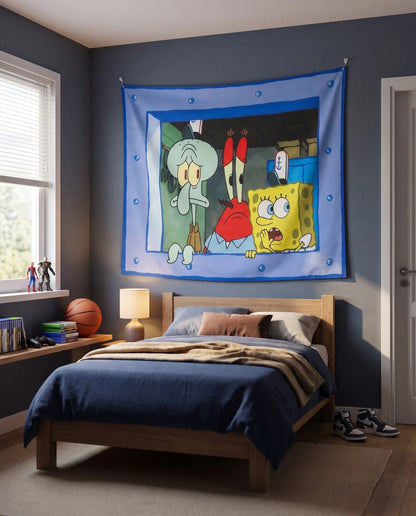 A SpongeBob-themed wall tapestry featuring Squidward, Patrick, and Gary hanging on a dark blue wall above a bed in a styled bedroom.