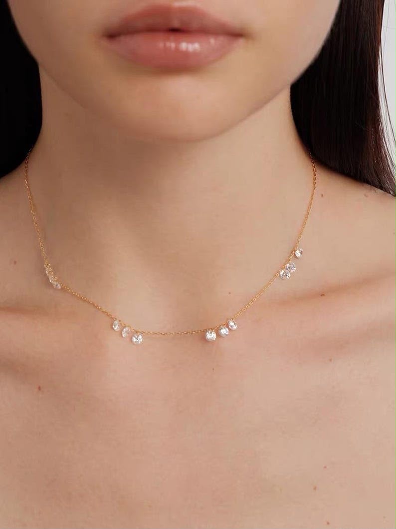 Floating Cluster Station Necklace - Gold Plated 925 Sterling Silver