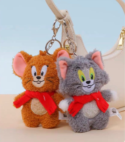 Fluffy Grey Cat and Mouse Plush Keychain Tom with Red Scarf - 12 CM
