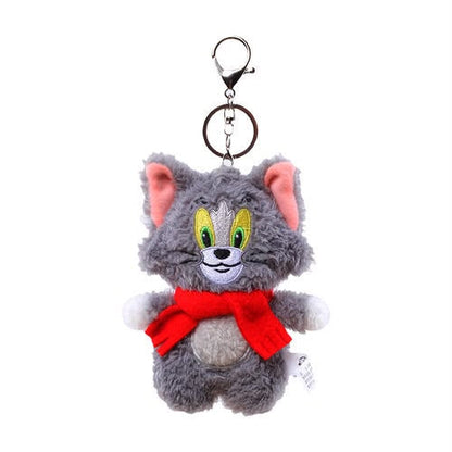 Fluffy Grey Cat and Mouse Plush Keychain Tom with Red Scarf - 12 CM