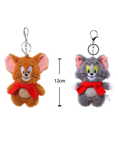 Fluffy Grey Cat and Mouse Plush Keychain Tom with Red Scarf - 12 CM