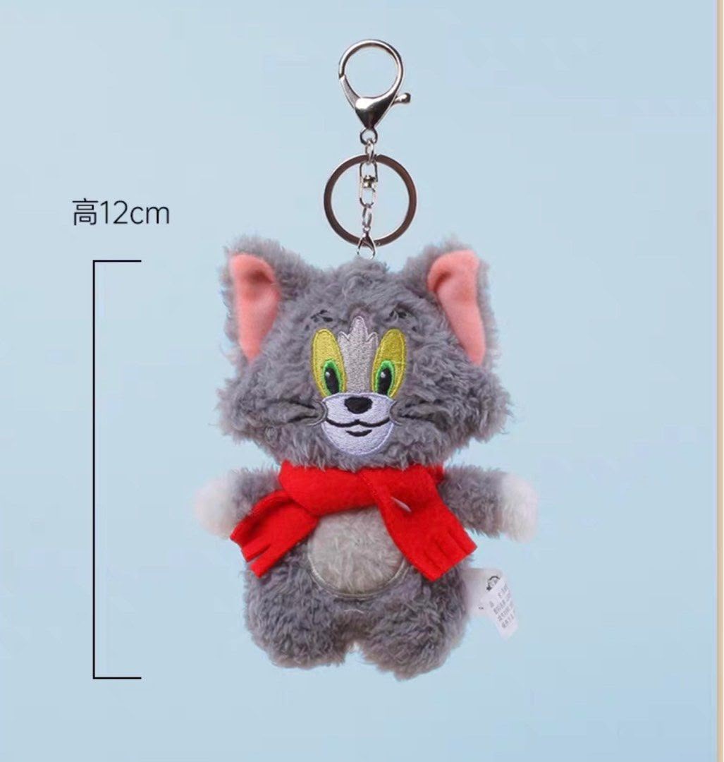 Fluffy Grey Cat and Mouse Plush Keychain Tom with Red Scarf - 12 CM
