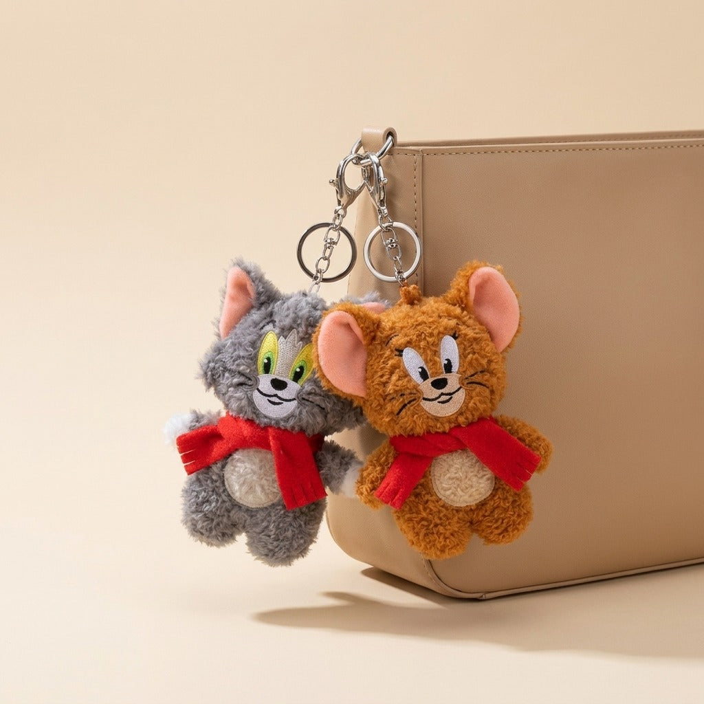 Fluffy Grey Cat and Mouse Plush Keychain Tom with Red Scarf - 12 CM