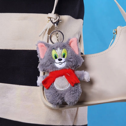 Fluffy Grey Cat and Mouse Plush Keychain Tom with Red Scarf - 12 CM