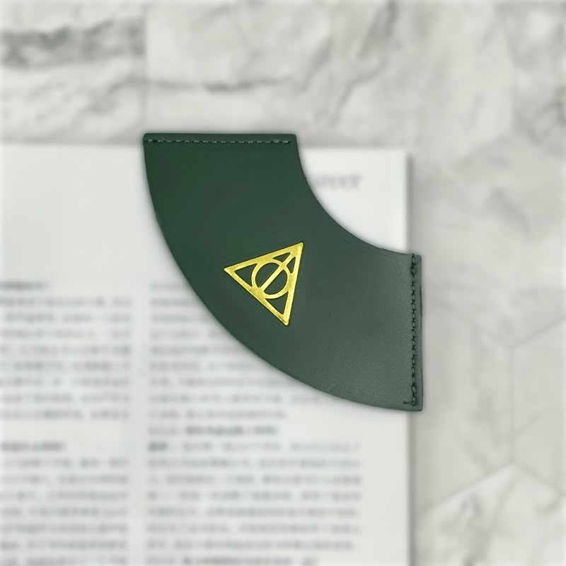 Harry Potter Leather Corner Bookmark – Green & Gold Deathly Hallows Book Marker