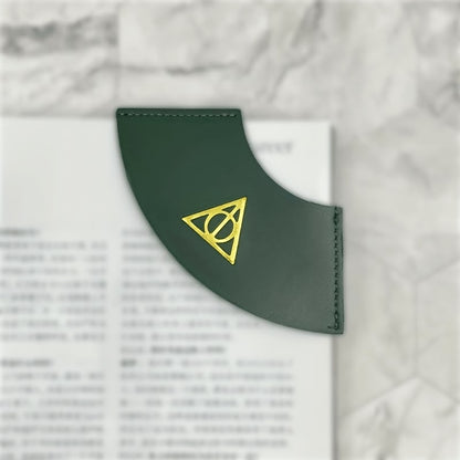 Harry Potter Leather Corner Bookmark – Green & Gold Deathly Hallows Book Marker