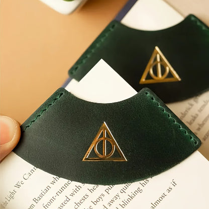 Harry Potter Leather Corner Bookmark – Green & Gold Deathly Hallows Book Marker