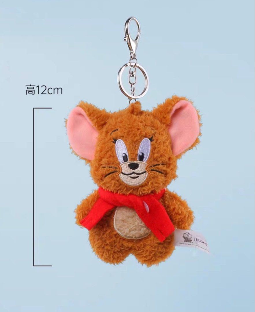 Fluffy Grey Cat and Mouse Plush Keychain Tom with Red Scarf - 12 CM