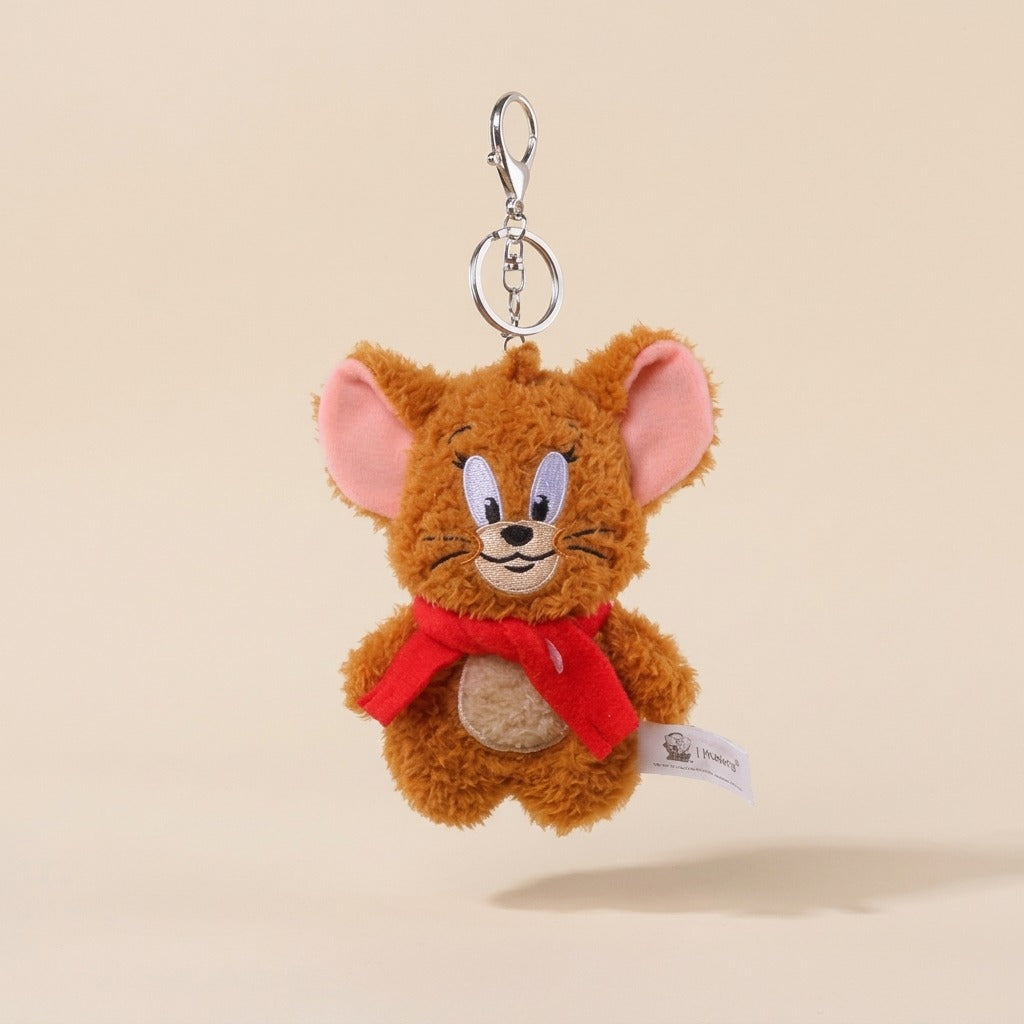 Fluffy Grey Cat and Mouse Plush Keychain Tom with Red Scarf - 12 CM
