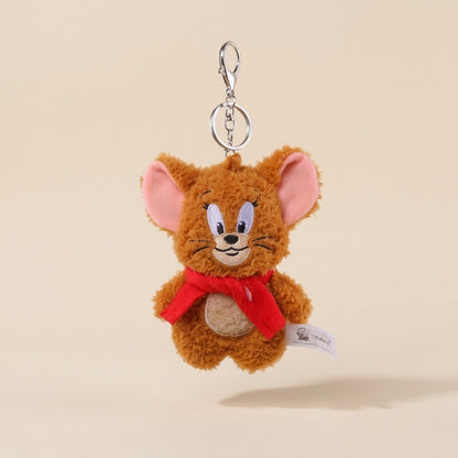 Fluffy Grey Cat and Mouse Plush Keychain Tom with Red Scarf - 12 CM
